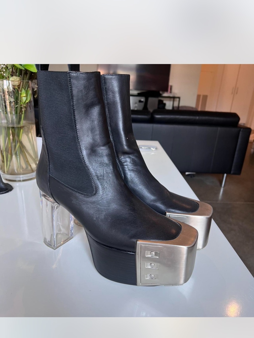 Rick Owens Black Leather Ankle Boots with Silver Metal Toe Caps